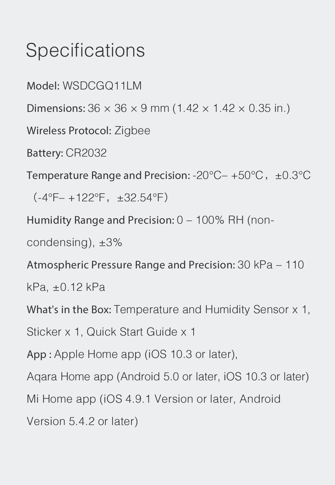 Smart Temperature/Humidity sensor specifications