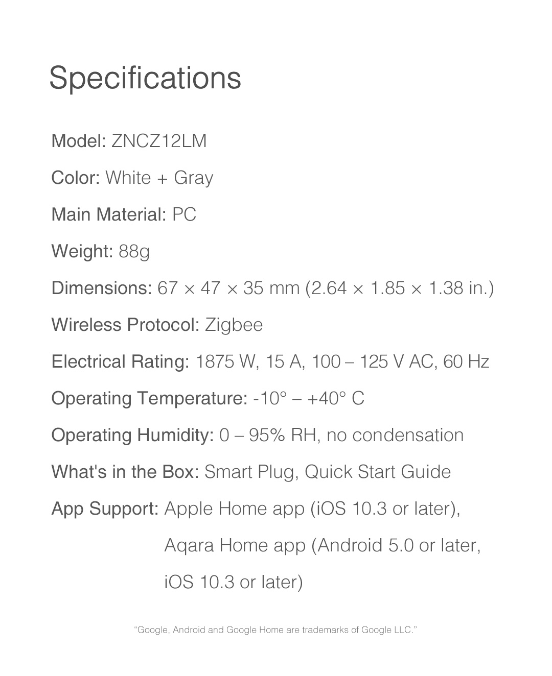 Aqara Smart Plug US version specification